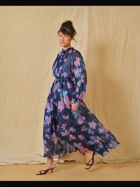 Forte Forte Italy / 100% Silk Satin Orchidea Fabulosa Floral flowy blue dress